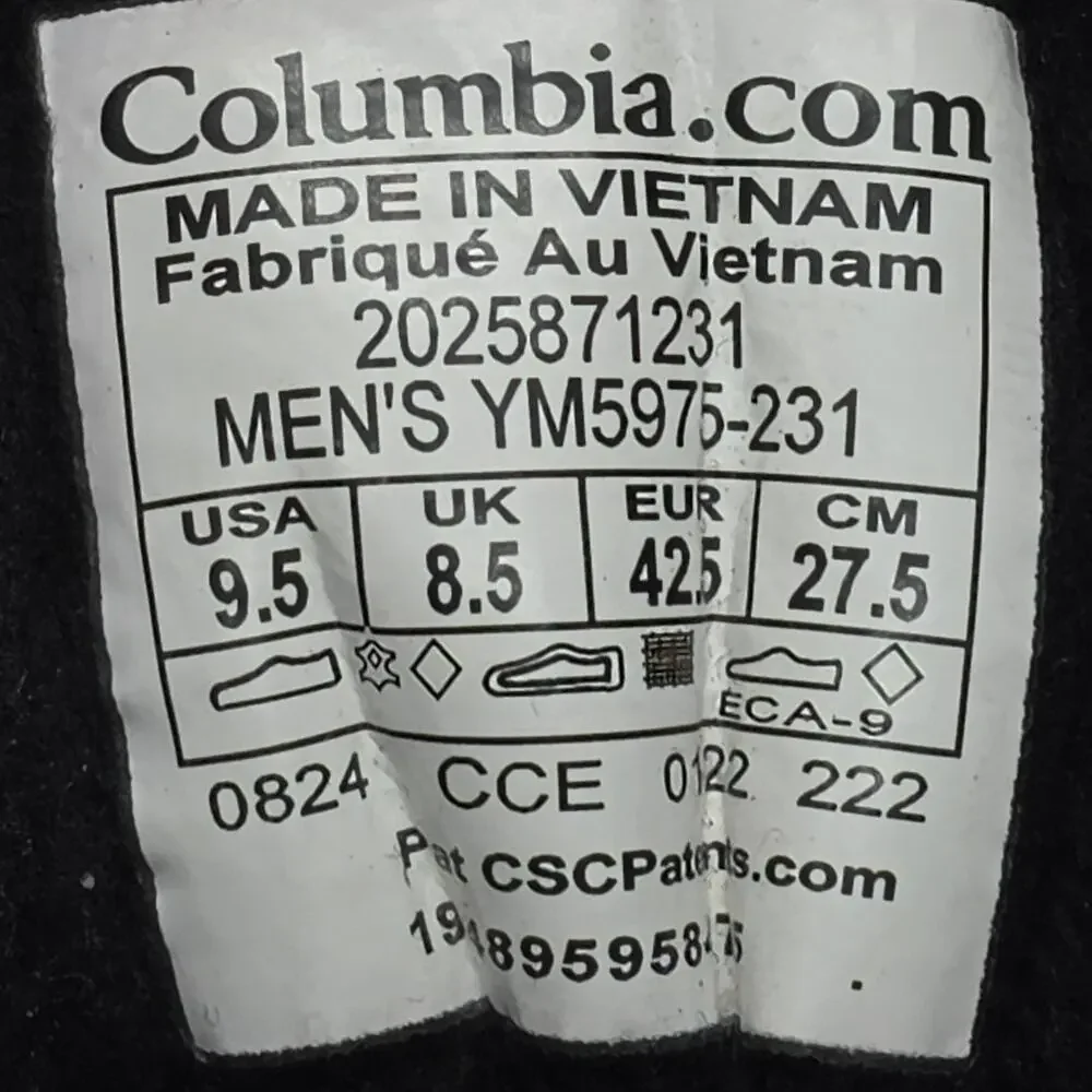 Columbia YM5975-231 Boots Mens Size 9.5 Brown Waterproof Insulated Lined